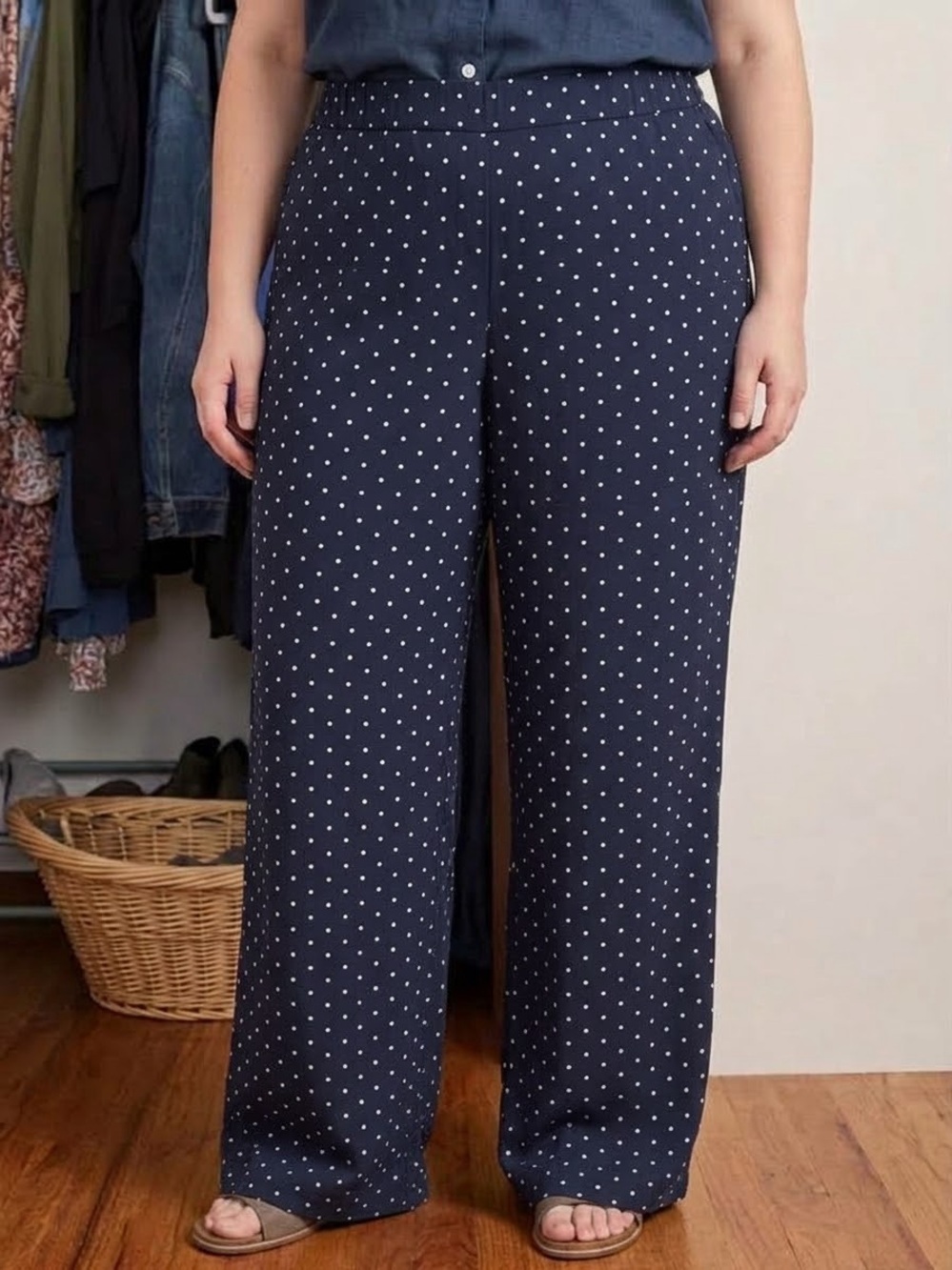NWT J.Jill Navy Blue & White Polka Dot Pull-On Wide-Leg Pants - Size 2X